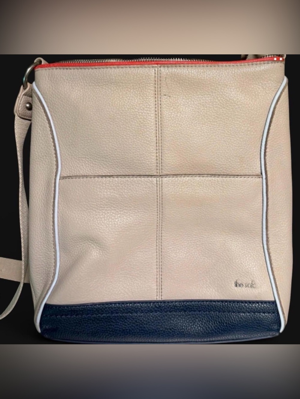 The Sak Beige and Navy Leather Tote with Red Trim
